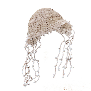 镂空珍珠流苏吊坠包头帽女夏季民族风针织套头帽复古显脸小帽子