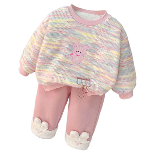 女童冬季套装2025新款洋气宝宝加绒厚卫衣婴儿针织衫毛衣两件套头