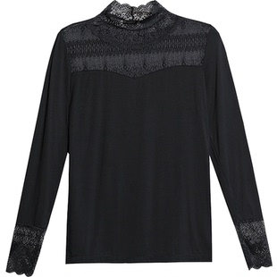 2025秋季新款黑色蕾丝t恤女长袖莫代尔打底衫修身薄小衫百搭上衣