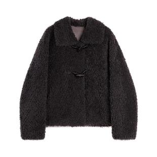 ELLE绵羊毛牛角扣毛绒短外套女2025冬季新款复古通勤羊羔毛上衣