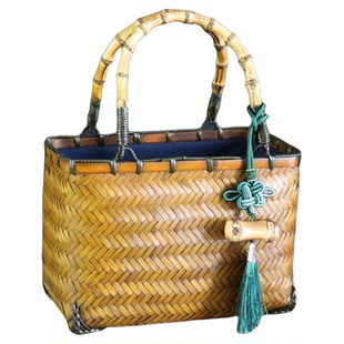 竹编手提手工竹编包包竹篮收纳时尚百搭日常通勤复古便携文艺风蓝