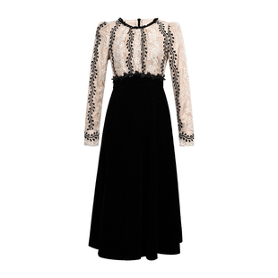 黑色年会礼服女高端轻奢高级感长袖特别漂亮的裙子丝绒长款a字裙