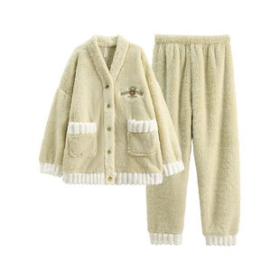 芬腾女士睡衣珊瑚绒秋冬加绒套装加厚法兰绒女款保暖加大码家居服