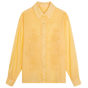 落落狷介高级感chic别致上衣黄色刺绣宽松衬衫长袖苎麻小个子衬衣