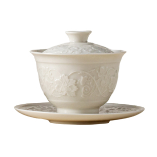 仿宋定窑白浮雕缠枝莲家用陶瓷泡茶碗三才盖碗防烫功夫茶具泡茶器