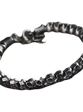 男士氧化纯银哥特复古骷髅头手链