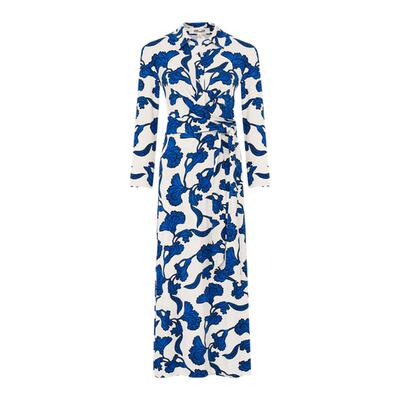 DVF2026春夏新款幽蓝线描花影图案优雅通勤衬衫式裹身裙DW1U011