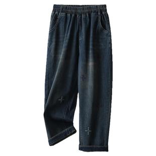 大码九分牛仔裤子女2025春夏新款松紧高腰胖妈妈裤宽松复古休闲裤