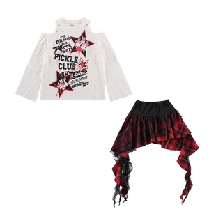 女童jazz爵士舞演出服潮服白色露肩上衣长袖宽松红色格子半身裙春