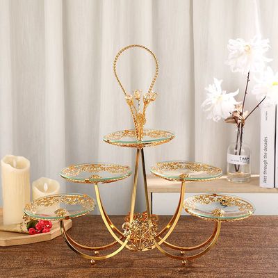 欧式轻奢高档三层五盘手提工艺品水果篮装饰花纹果盘玻璃果盘