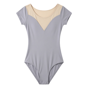 茁艺形体芭蕾舞练功服短袖舞蹈服女连体衣修身深V拼接成人体操服