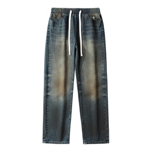 牛仔裤男款春夏季潮牌宽松直筒裤子男士系绳休闲新款复古长裤子