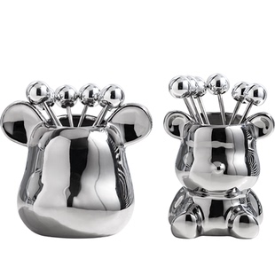 轻奢水果叉餐具不锈钢可爱创意收纳罐家用刀叉水果签叉子收纳套装