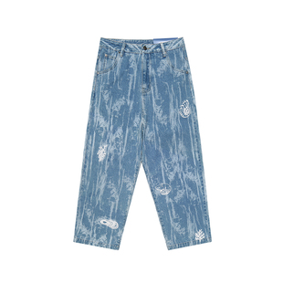 美国ELEMENT滑板&NT系列直筒牛仔裤男复古纹理拔白印花水洗弯刀裤