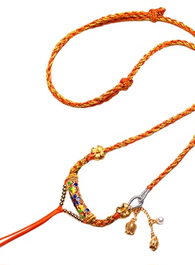 藏式吊坠绳鎏金珐琅雕花弯管扣