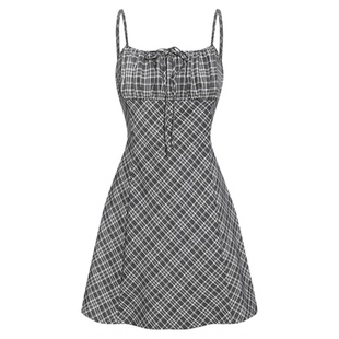 MOUSSY 早秋新品复古格子蝴蝶结修身吊带连衣裙028IAA33-1005
