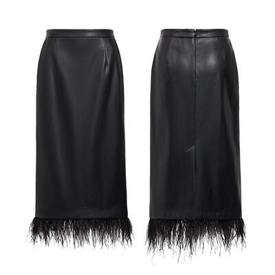 FIVE PLUS半身裙女PU皮裙子直筒高腰中长羽毛边饰