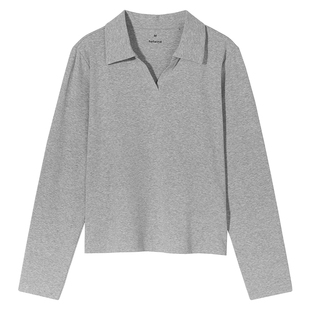 热风女士长袖T恤上衣2026年春季新款V领polo衫翻领合身长袖T恤
