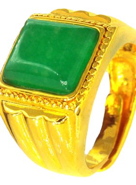 创缘镀黄金人工绿宝石男沙金戒指