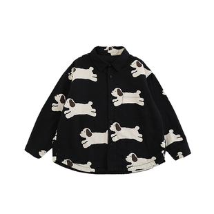 oddtails男童满印衬衫儿童秋冬摇粒绒加绒上衣洋气2025新款纯棉