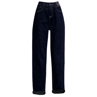 冬松紧腰加绒保暖女牛仔老爹跨裤