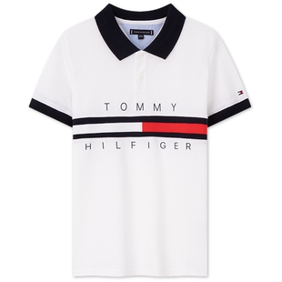Tommy春夏童装男拼色织带字母印花潮流休闲运动翻领短袖T恤POLO衫