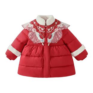 [三防蓄热]女童羽绒服儿童红色中国风宝宝中式童装大童中长款外套