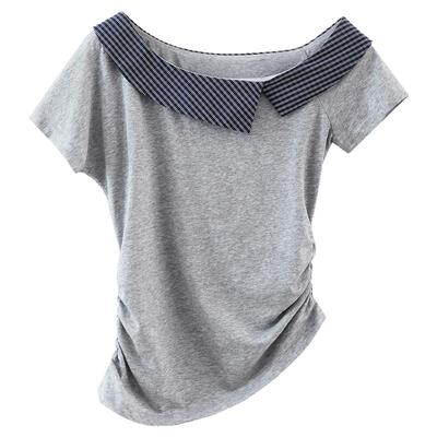 【清仓秒杀】夏韩系露肩气质上衣设计感小众斜肩格子拼接短袖t恤