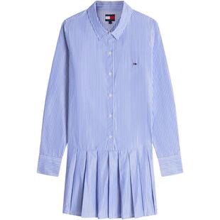 Tommy26春夏新款女装气质休闲小绣标府绸条纹宽松百褶衬衫连衣裙