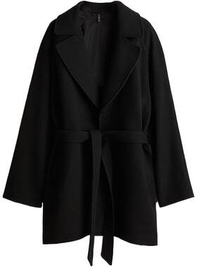 HM女装毛呢外套冬季宽松有领腰部系带毛毡短大衣1228995