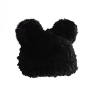 黑色小熊耳朵兔毛帽子女秋冬可爱毛毛绒包头帽防寒保暖针织帽皮草