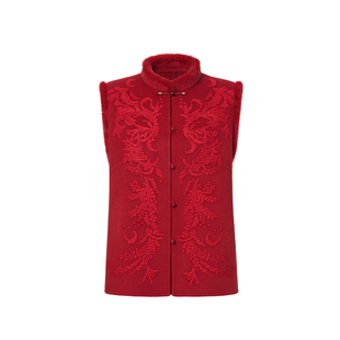 【云锦研究所联名】VGRASS26春新年红中式双面呢水貂毛边马甲拜年