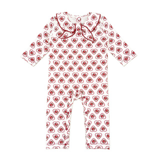 呱呱婴儿衣服纯棉过年红打底玫瑰蝴蝶结领保暖宝宝连体长爬服