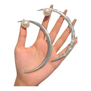 中国风上弦月簪盘发丸子头珍珠银色发簪高级感古风弯月发钗子头饰