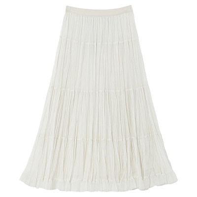 Basic House/百家好白色百褶半身裙女春季新款蛋糕纱裙百搭A字裙