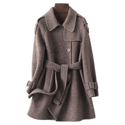 双面羊毛大衣女中长款系带双排扣英伦小个子2025新款轻奢毛呢外套