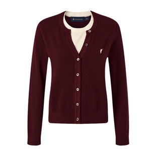 【红色款】POLOWALK女式长袖针织衫2026春季新品假两件领口针织衫