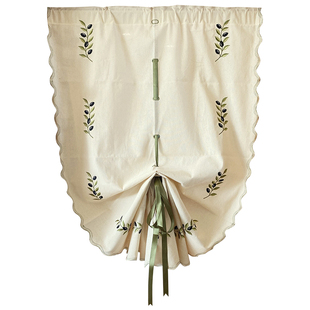 成品窗帘橄榄枝刺绣棉麻免打孔飘窗升降罗马帘美式客厅隔断窗帘