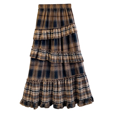 美拉德复古格子拼接木耳边半身裙秋冬新款高腰显瘦不规则格纹长裙
