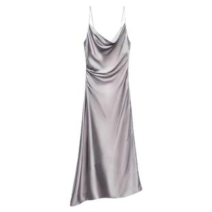 ZA外贸出口银色丝滑缎面荡领吊带连衣裙高级感晚礼服9479274 808