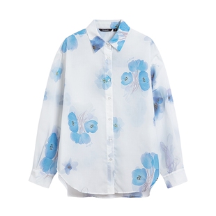 Desigual26春夏新品轻薄宽松蓝色碎花印花长袖女式衬衫