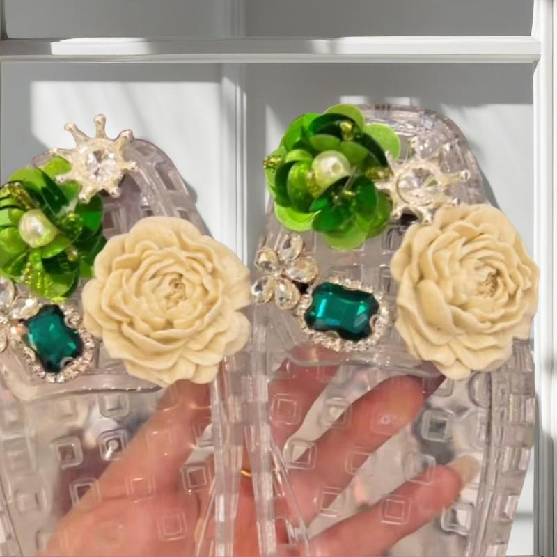 水晶鞋果冻鞋水晶鞋花透明果冻鞋配饰骨白花束亮片洞洞鞋鞋子装饰