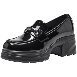 热风厚底乐福鞋女款2026年春季新款百搭黑色小皮鞋粗跟增高女鞋子