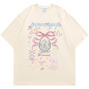 YEP复古直喷印花t恤女2025新款夏季纯棉百搭半袖宽松情侣短袖上衣