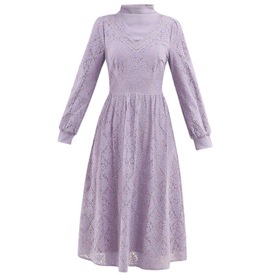 未风紫色蕾丝连衣裙女冬加绒加厚