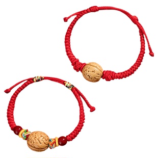 野生桃核手链婴儿红绳桃木雕刻龙纹脑纹桃篮宝宝防惊手链编绳手串