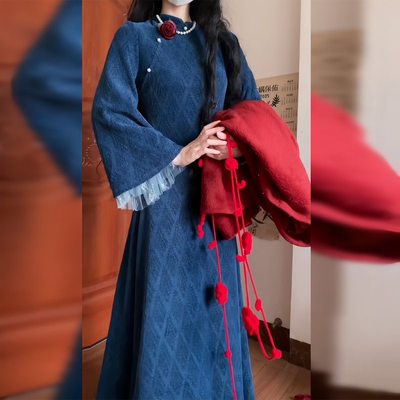 复古高级感重工蓝色改良旗袍连衣裙女新中式复古女装红色外套秋冬