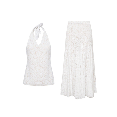 TOP家 温柔光晕 法式复古浪漫 蕾丝压褶挂脖背心/松紧腰鱼尾半裙