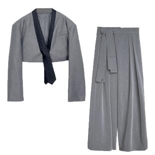 商务职场套装女2025新款无领短款西装外套阔腿裤高级感显高两件套