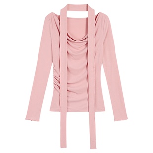 NEVA HU 荡领长袖针织衫女新款温柔收腰修身设计感小众飘带上衣